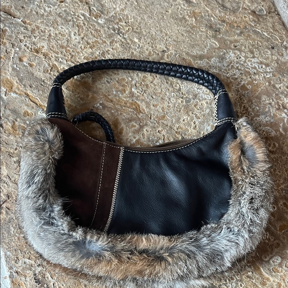 Maxx New York Mini Hobo Bag suede leather and rabbit fur trim - Picture 2 of 4